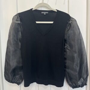 Adrianna Papell Women's Solid V-Neck Sweater With Sheer Puff Sleeves Sz M Black